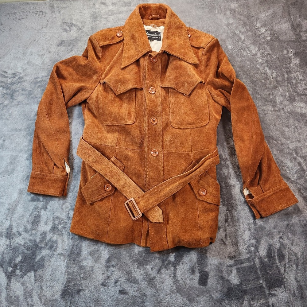 Alexander's Jacket Mens 36 S Brown Suede Disco Western Safari Boho Belt 70s VTG